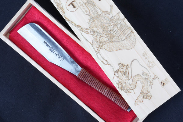 Massive Henkotsu Kamisori, へんこつ, Hinoshita Kaizan Restored Vintage Japanese Straight Razor, Leather Handle Wrapping and Handmade Hinoki Box