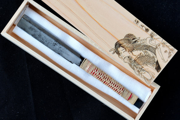 Rare Orihi type Kamisori, Tamahagane, Restored Vintage Japanese Straight Razor with new Rattan / Red Linen Handle and Handmade Hinoki Box