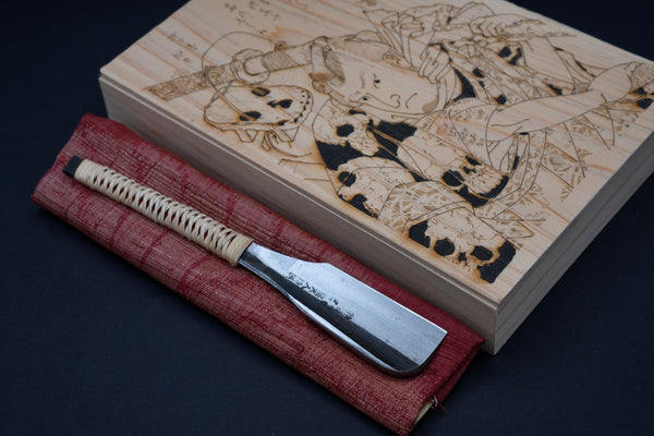 Hoshitennin・星天人・kamisori ・rasoio a mano libera giapponese vintage restaurato・ tamahagane・scatola in legno di hinoki fatta a mano