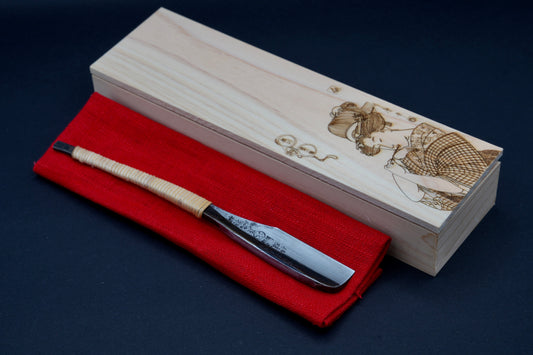 Yamaha・ヤマハ・Kamisori ・Restored Vintage Japanese Straight Razor・ Rattan Handle Wrapping・Handmade Hinoki Wood Box