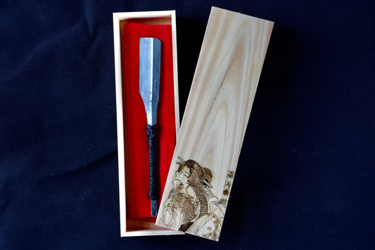 Yamamasa・山正・Japanisches Vintage-Rasiermesser Kamisori mit schwarzem Ledergriff und handgefertigter Hinoki-Holzbox