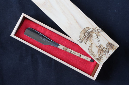 Tosuke Inoue 井上藤助 Kamisori, Osaka, Restored Vintage Japanese Straight Razor, Rattan Handle Wrapping  and Handmade Hinoki Wooden Box.