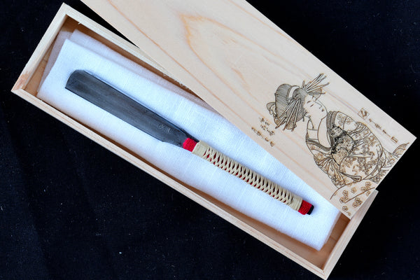 Unique Yasushige・安重・Restored Vintage Japanese Straight Razor with Owner Name Engraved, Rattan - Linen Handle Wrapping, Handmade Hinoki Box