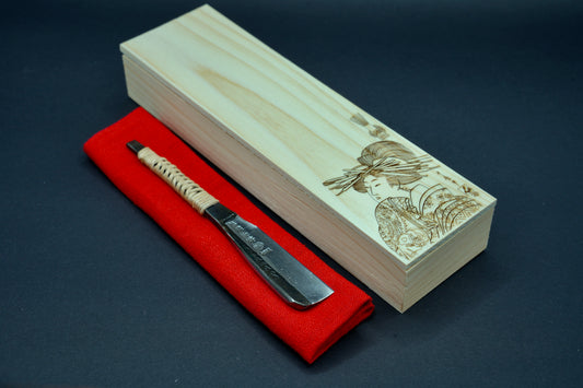 Matsue ・松栄・Vintage Japanese Straight Razor Kamisori with Rattan Handle Wrapping and Handmade Hinoki Wood Box