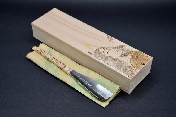 Hiyoshimaru ・日吉丸・kamisori in vero tamahagane, vintage restaurato con rivestimento del manico in rattan, intarsio in seta e scatola in legno di hinoki fatta a mano