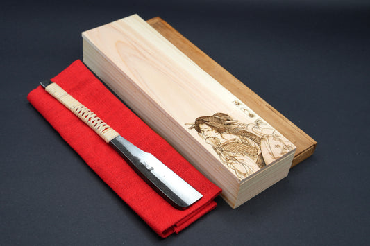 Hiyoshimaru (日吉丸) Echtes Tamahagane Kamisori, restauriertes japanisches Vintage-Rasiermesser, Rattangriffumwicklung, handgefertigte Hinoki-Holzbox