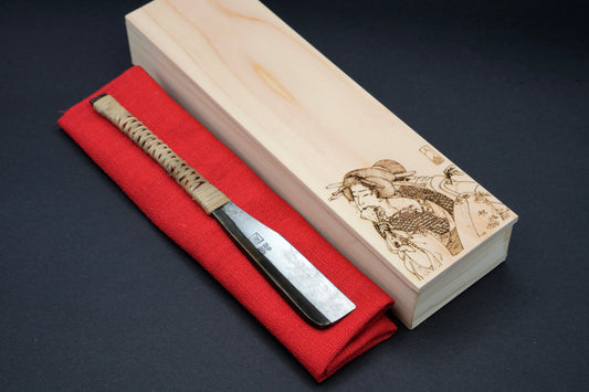 Kishi・岸・Kamisori ・Restored Vintage Japanese Straight Razor・ Rattan Handle Wrapping・Handmade Hinoki Wood Box