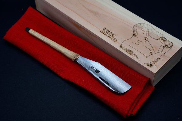 Henkotsu Kamisori ・ へんこつ ・Restored Vintage Japanese Straight Razor Kamisori・Rattan Handle Wrapping  and Handmade Hinoki Wood Box