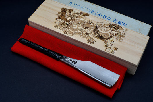 Größter Henkotsu Kamisori, へんこつ, restauriertes japanisches Vintage-Rasiermesser, Rattan-Urushi-Griffumwicklung und handgefertigte Hinoki-Box