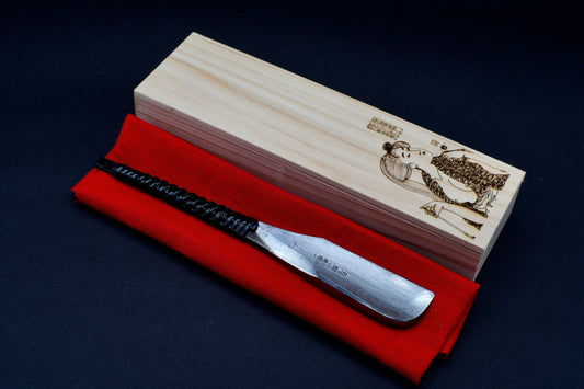 Massive Henkotsu Kamisori, へんこつ, Hinoshita Kaizan Restored Vintage Japanese Straight Razor, Rattan-Urushi Handle Wrapping and Handmade Hinoki Box