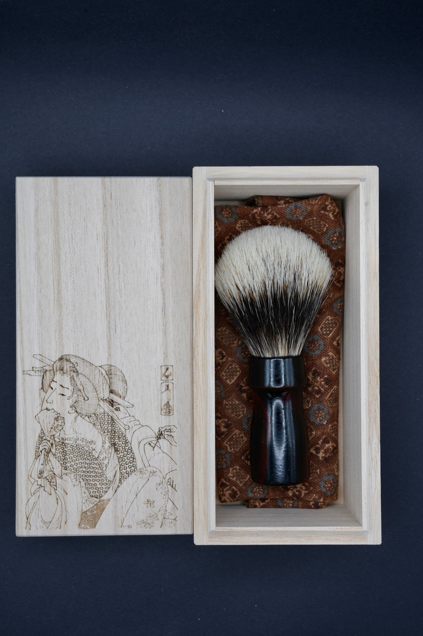 Urushi Shaving Brush "Akai Kawa" with Cherry Wood Handle & Manchurian Badger- Paulownia Box