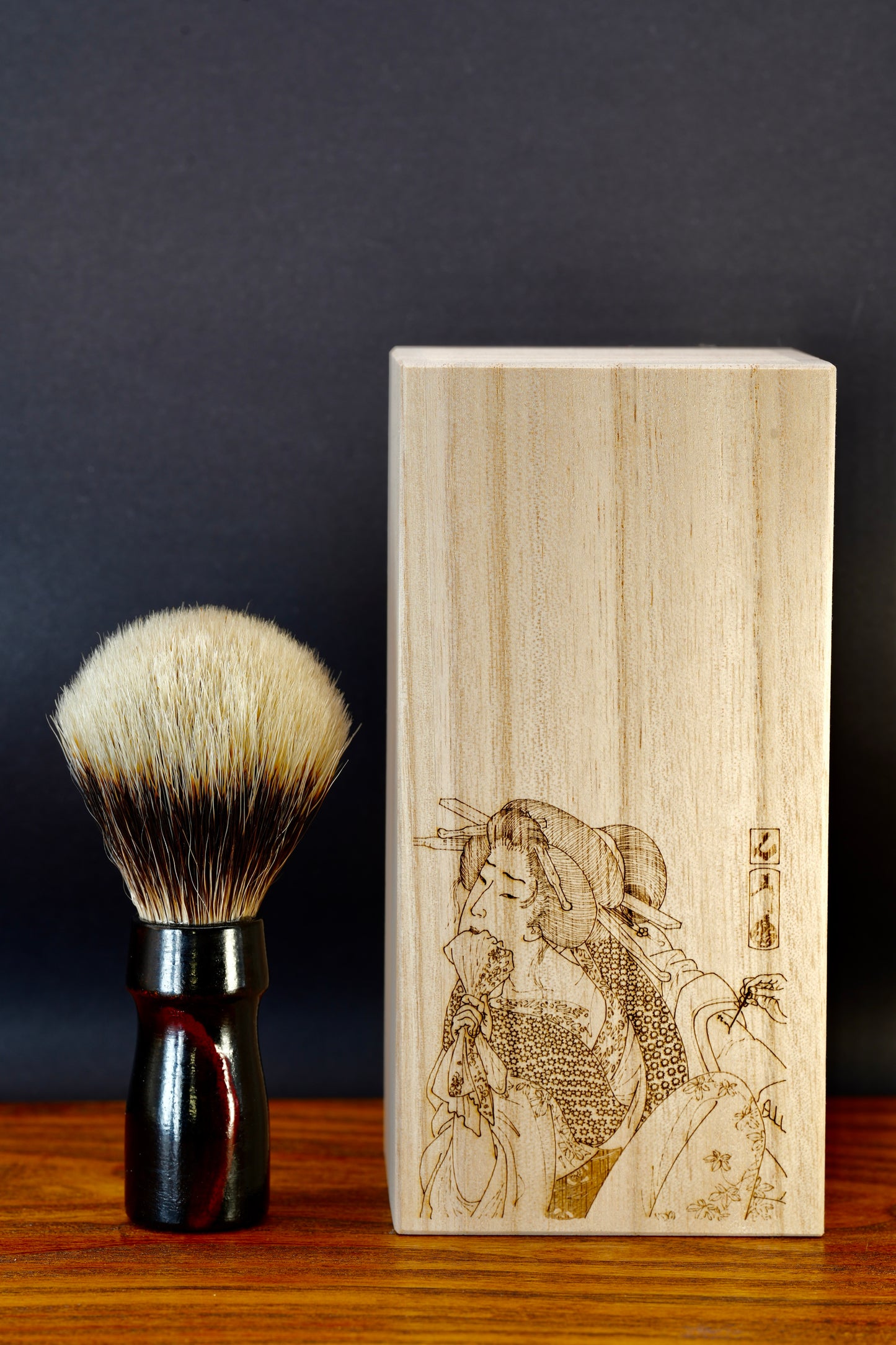 Urushi Shaving Brush "Akai Kawa" with Cherry Wood Handle & Manchurian Badger- Paulownia Box