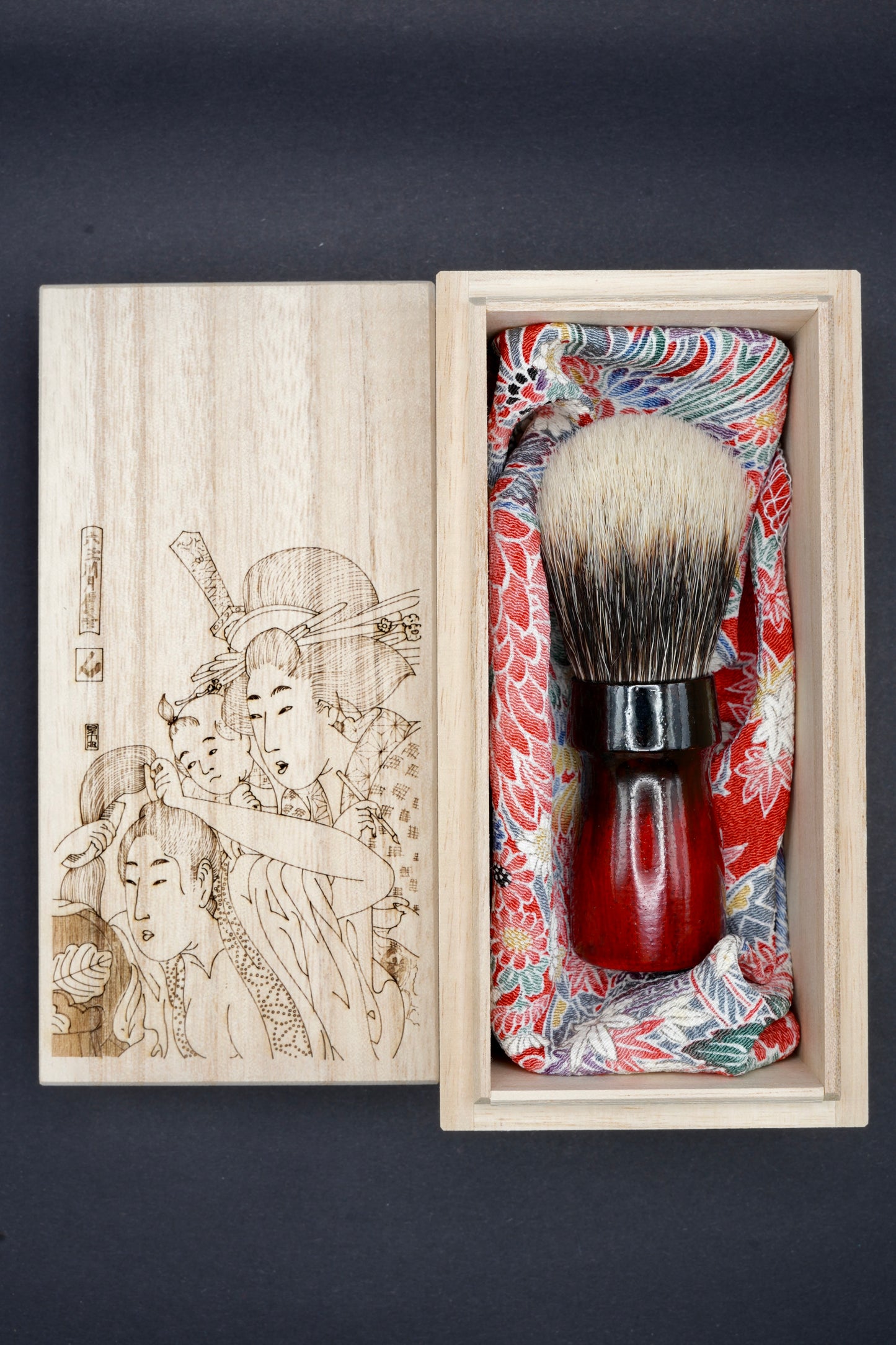 Urushi Shaving Brush "Blood Throne" with Cherry Wood Handle & Manchurian Badger Bristles - Paulownia Box