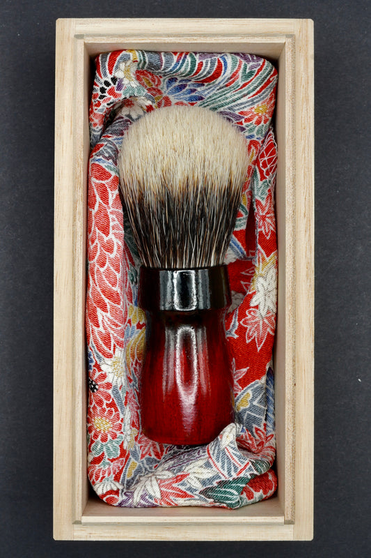 Urushi Shaving Brush "Blood Throne" with Cherry Wood Handle & Manchurian Badger Bristles - Paulownia Box