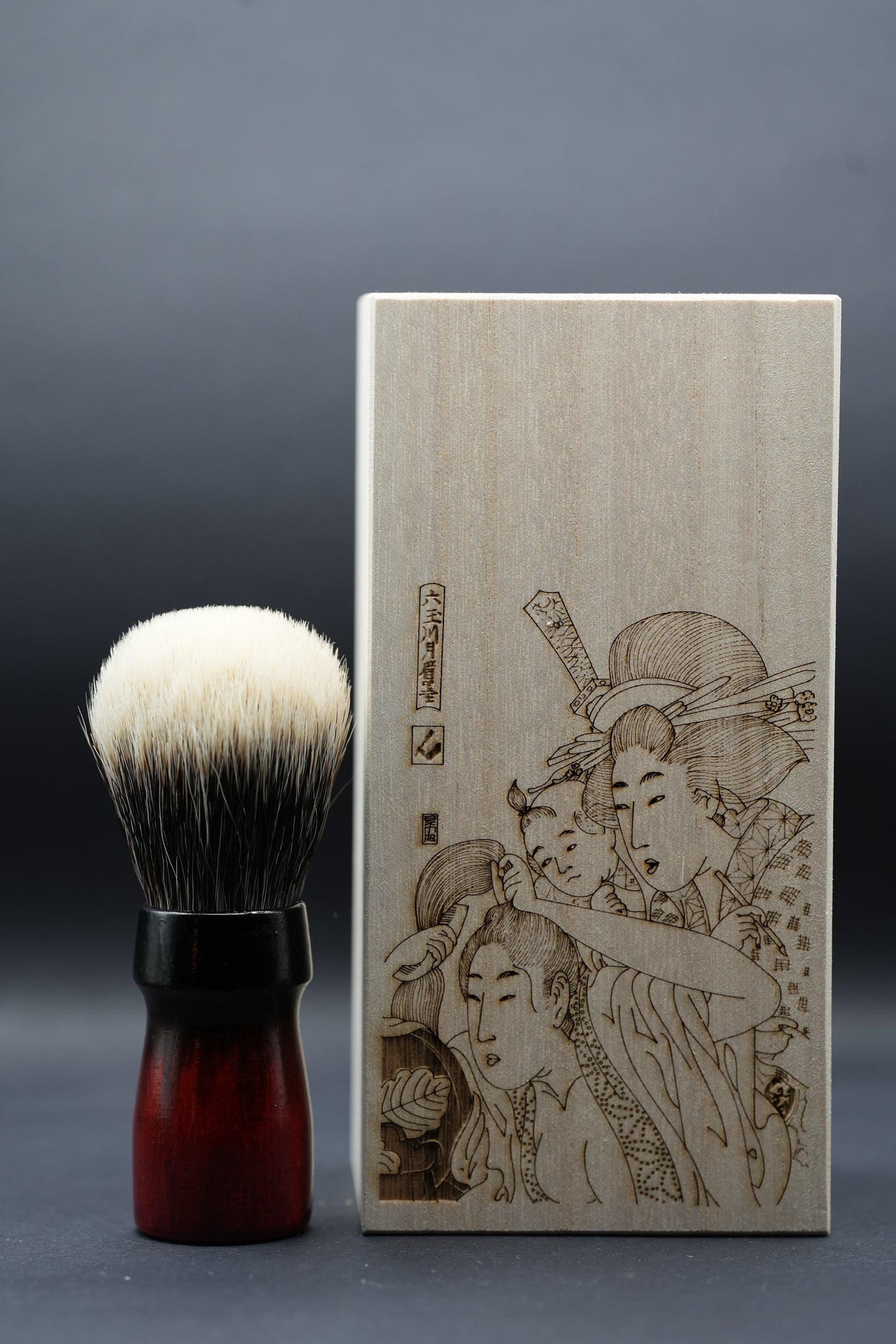 Urushi Shaving Brush "Blood Throne" with Cherry Wood Handle & Manchurian Badger Bristles - Paulownia Box