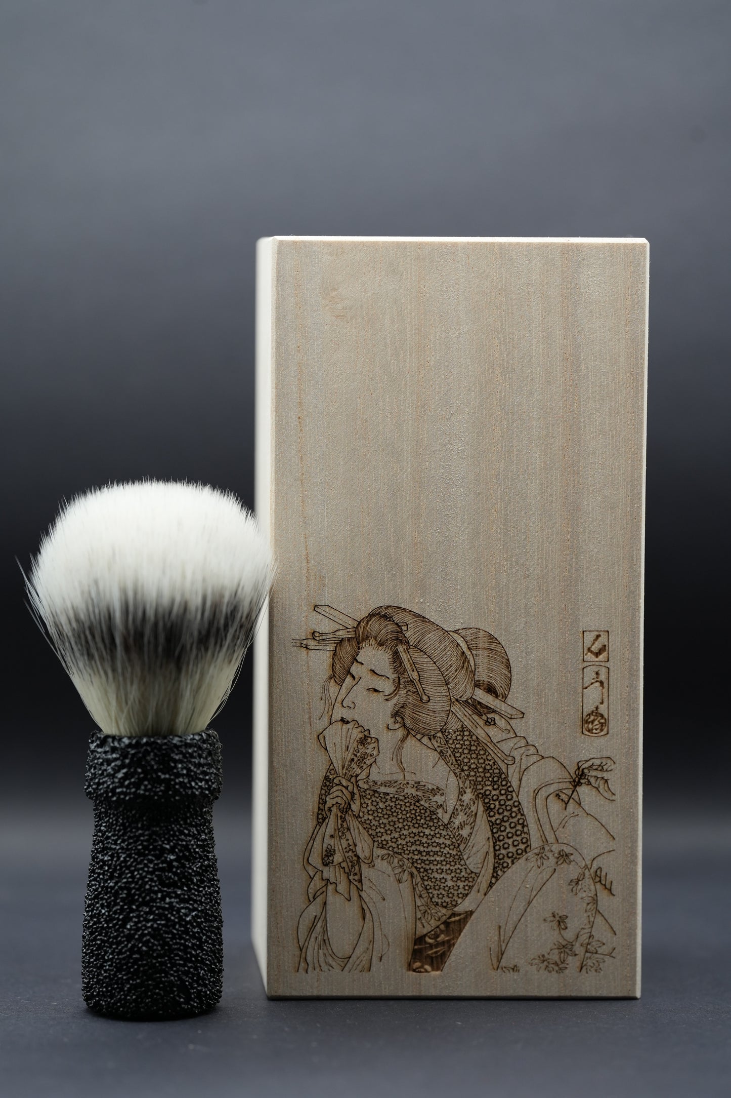 Urushi Shaving Brush "Hinageshiko" with Cherry Wood Handle & Faux Badger - Paulownia Box