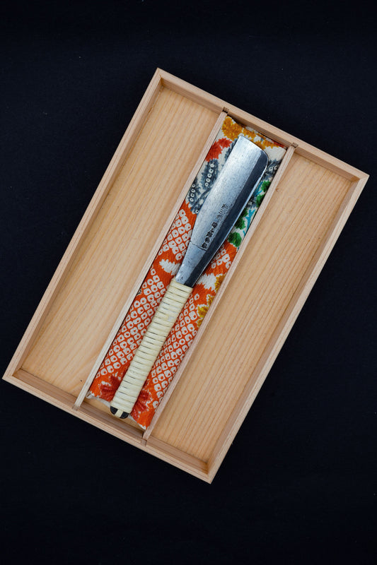 Yamada Denzaburo (傳三郎) Big Real Tamahagane Kamisori, Restored Vintage Japanese Straight Razor, Rattan Handle Wrapping, Handmade Hinoki Wood Box
