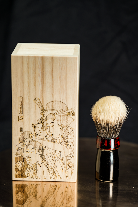 Urushi Shaving Brush "Blood Collar" with Cherry Wood Handle & Manchurian Badger Bristles - Paulownia Box