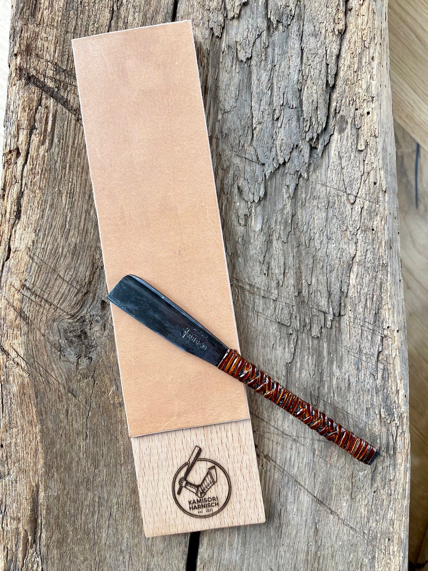 Handcrafted Leather Strop for sharpening Straight Razors and Knives.