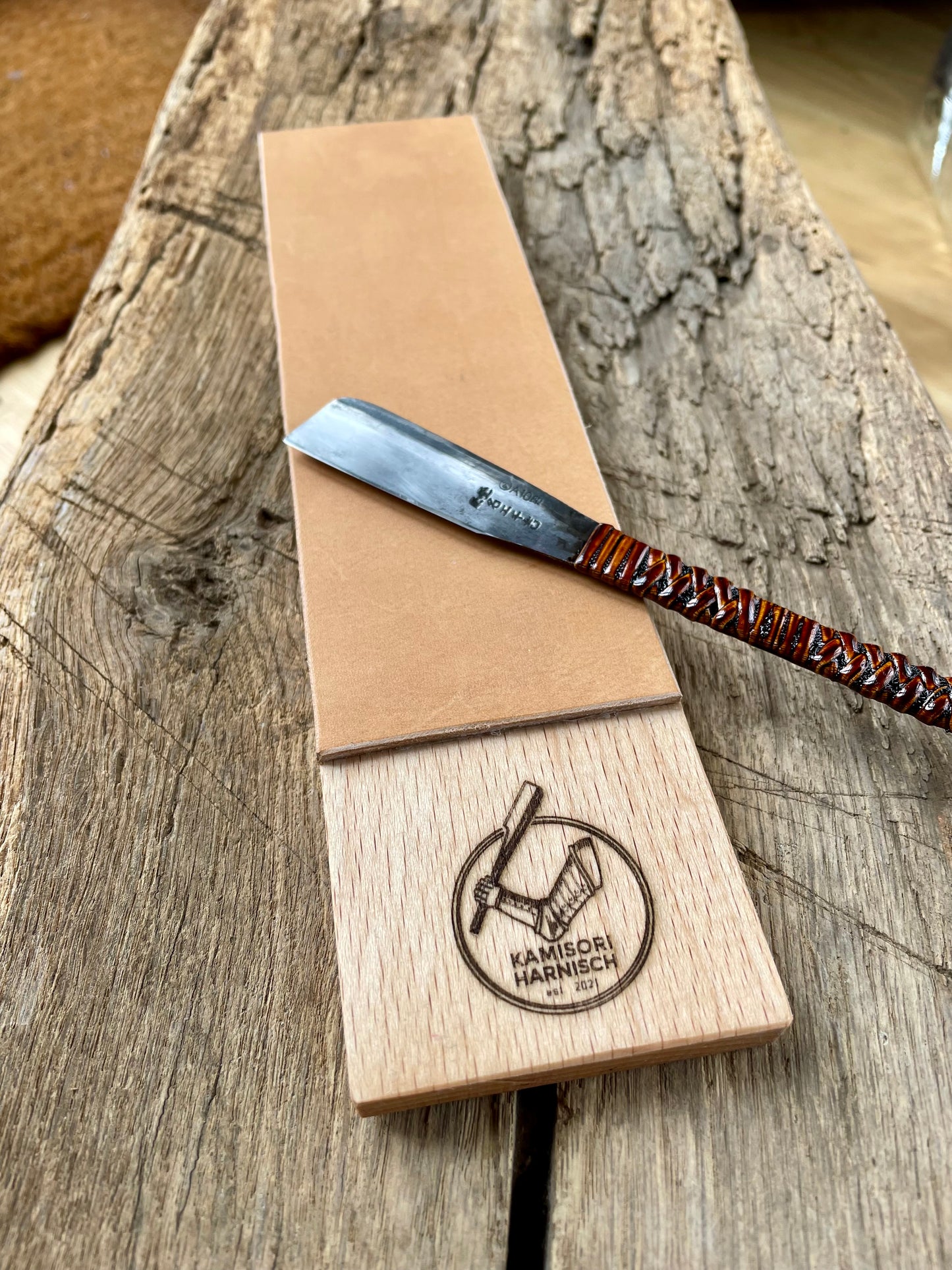 Handcrafted Leather Strop for sharpening Straight Razors and Knives.